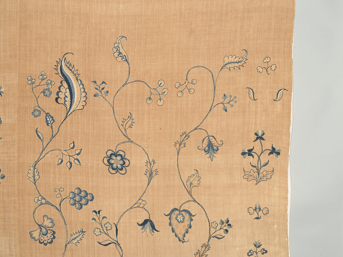 Bedcover with appliqued crewel embroidery motifs, Member of the Cabot family (American (Massachusetts), 18th century), Linen, embroidered with wool and silk, American