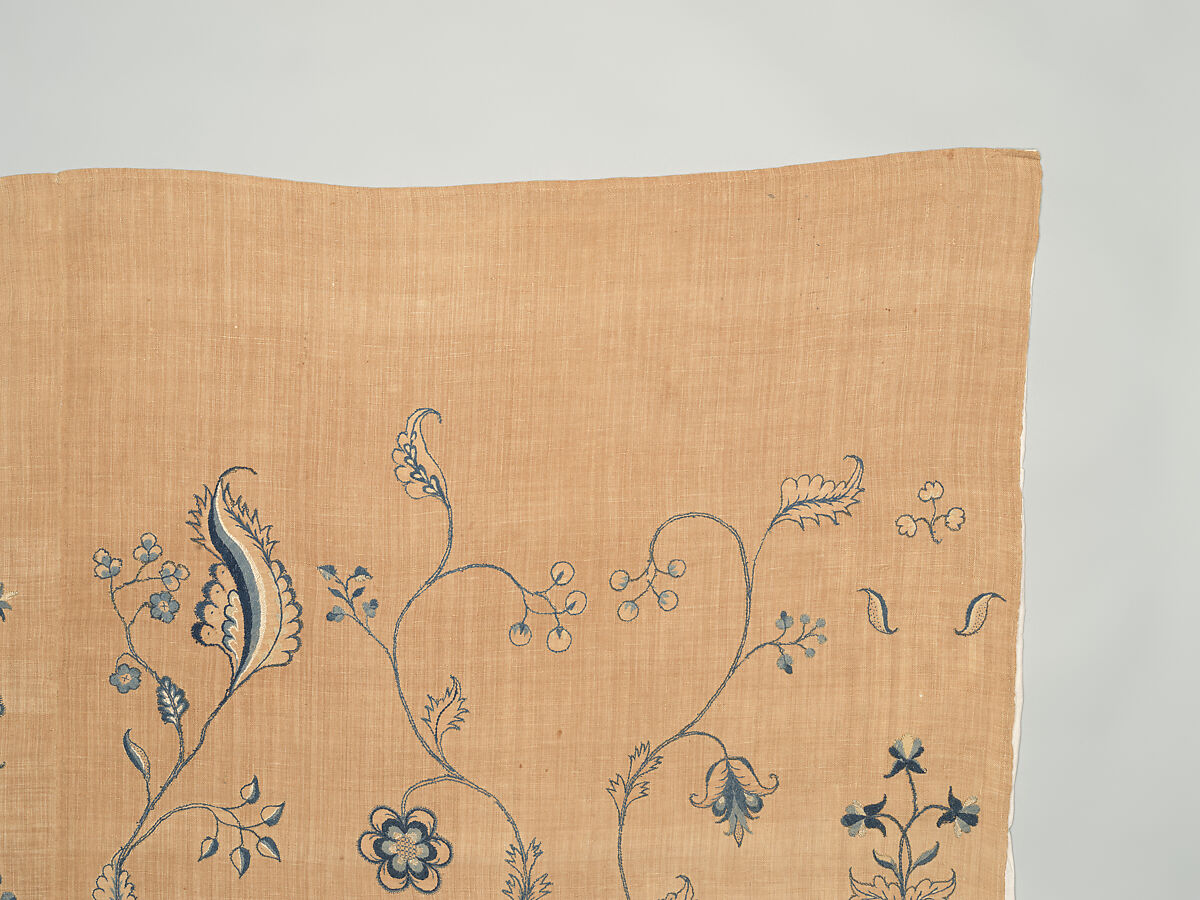 Bedcover with appliqued crewel embroidery motifs, Member of the Cabot family (American (Massachusetts), 18th century), Linen, embroidered with wool and silk, American