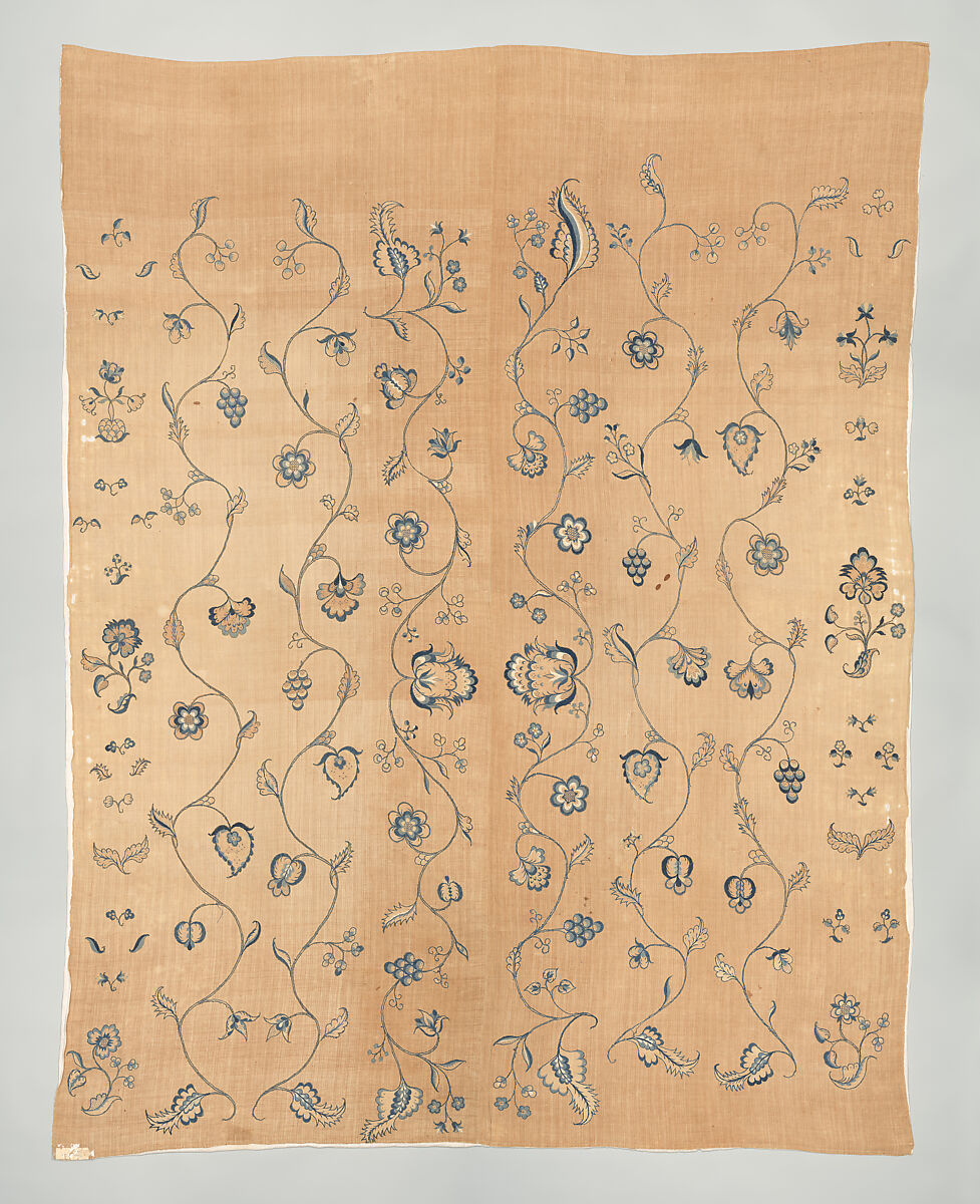 Bedcover with appliqued crewel embroidery motifs, Member of the Cabot family (American (Massachusetts), 18th century), Linen, embroidered with wool and silk, American 