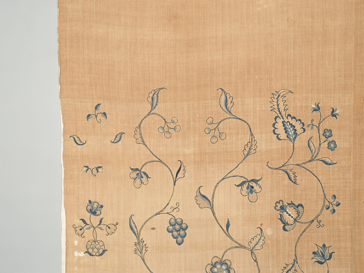 Bedcover with appliqued crewel embroidery motifs, Member of the Cabot family (American (Massachusetts), 18th century), Linen, embroidered with wool and silk, American