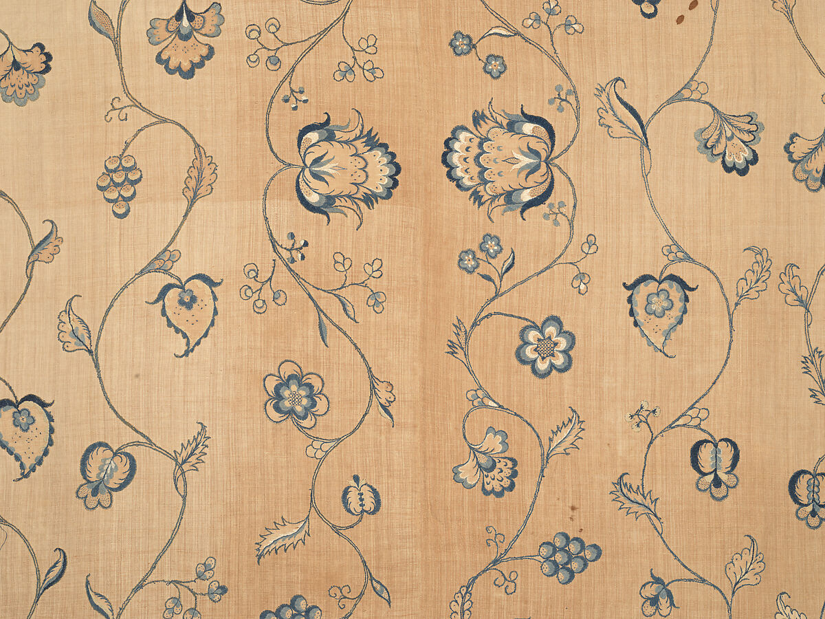 Bedcover with appliqued crewel embroidery motifs, Member of the Cabot family (American (Massachusetts), 18th century), Linen, embroidered with wool and silk, American