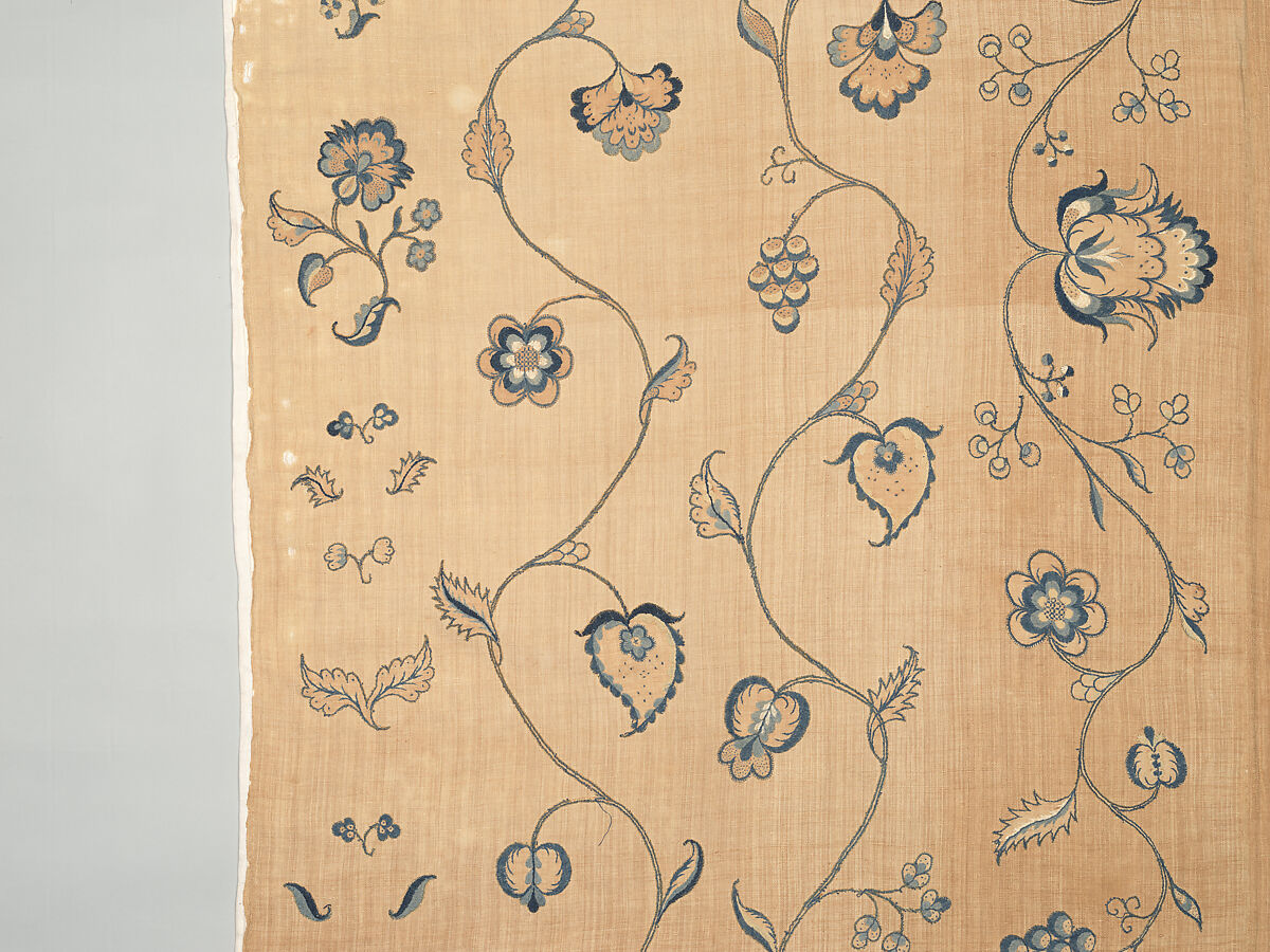 Bedcover with appliqued crewel embroidery motifs, Member of the Cabot family (American (Massachusetts), 18th century), Linen, embroidered with wool and silk, American