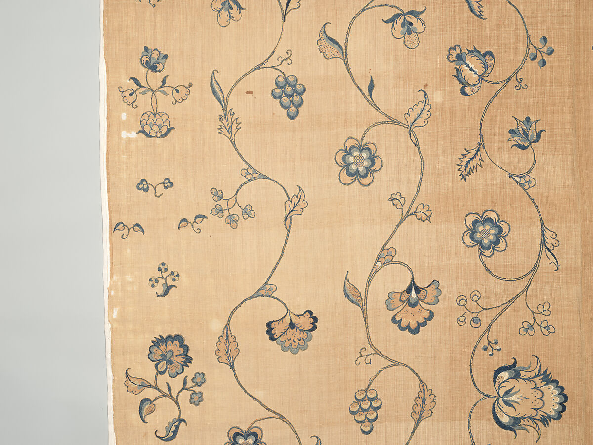 Bedcover with appliqued crewel embroidery motifs, Member of the Cabot family (American (Massachusetts), 18th century), Linen, embroidered with wool and silk, American