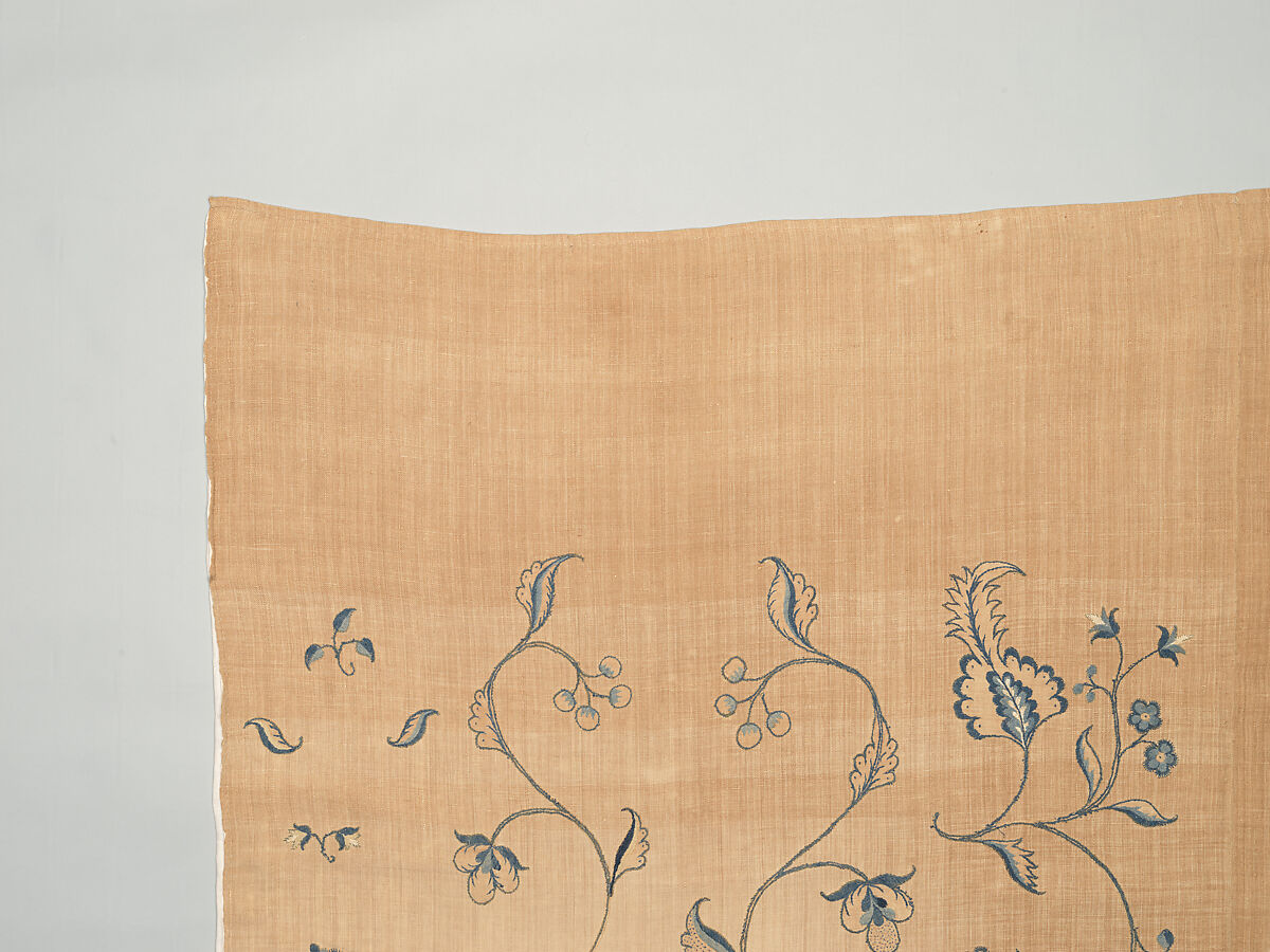 Bedcover with appliqued crewel embroidery motifs, Member of the Cabot family (American (Massachusetts), 18th century), Linen, embroidered with wool and silk, American