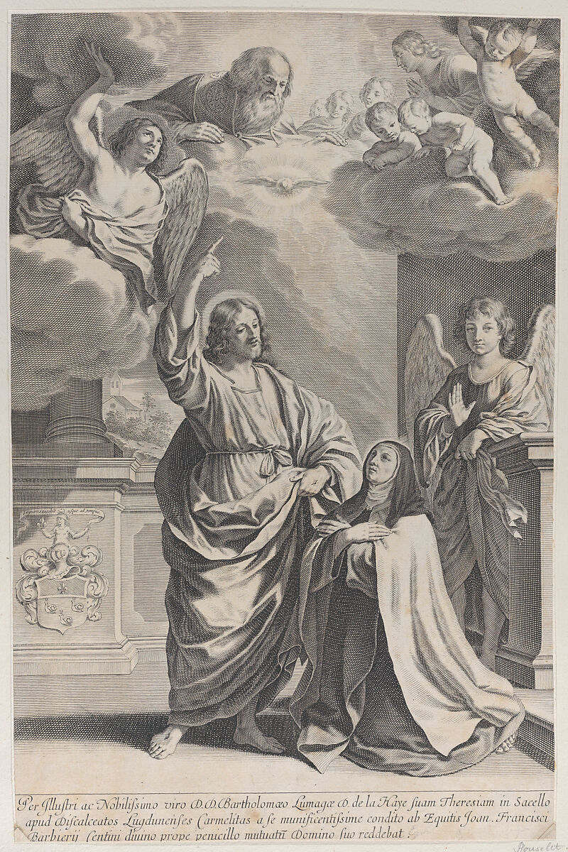Saint Theresa praying alongside Christ, who points upwards to God the Father and the Holy Spirit, Gilles Rousselet (French, Paris 1614–1686 Paris) ?, Engraving 