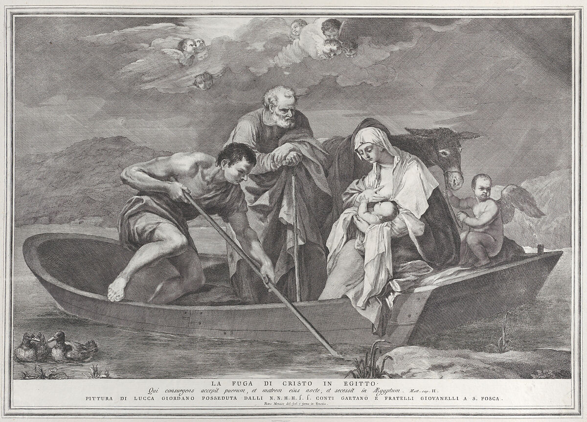 The flight into Egypt, with the Holy Family in a boat, Pietro Monaco (Italian, Belluno 1707–1772 Venice), Engraving 