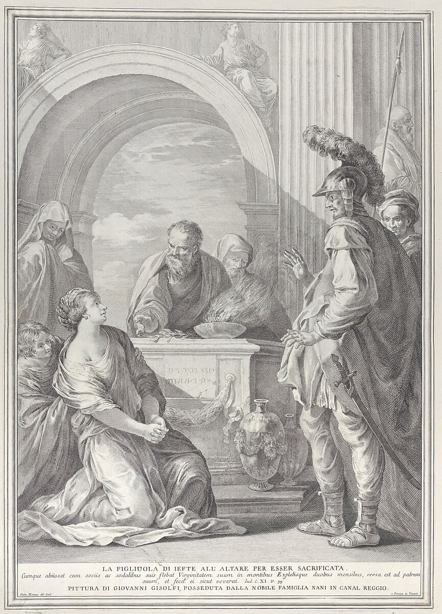Jephthah's daughter kneeling by the sacrificial altar, with her father standing at right, Pietro Monaco (Italian, Belluno 1707–1772 Venice), Etching and engraving 