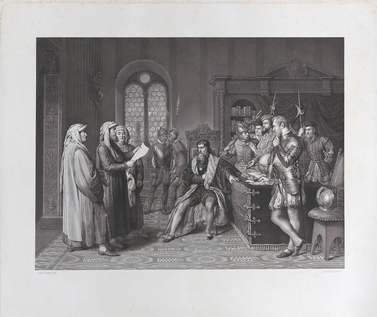 Scene with Columbus (?) at center, soldiers at right, and men in robes at left, Luigi Boscolo (Italian, born Rovigo, 1824), Engraving 