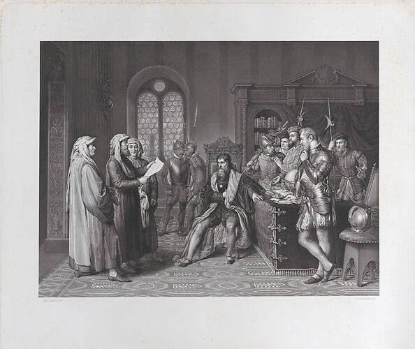 Scene with Columbus (?) at center, soldiers at right, and men in robes at left