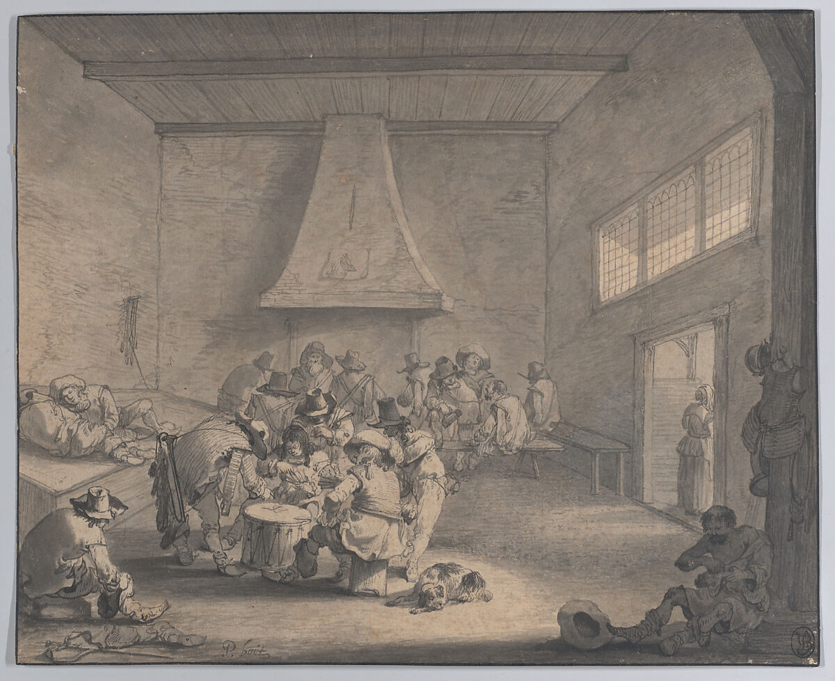 Guardroom Scene, Pieter Bout (Flemish, Brussels 1658–1719), Pen and gray ink, brush and gray wash on paper laid down to card; framing lines in pen and black ink 