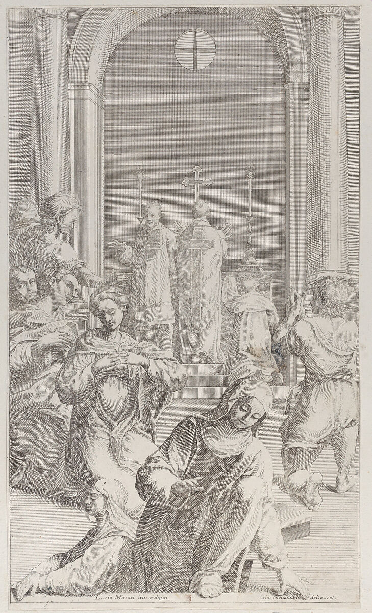 Two nuns emerging from a tomb while Saint Benedict celebrates the Mass, Giacomo-Maria Giovannini (Italian, Bologna 1667–1717 Parma), Etching 