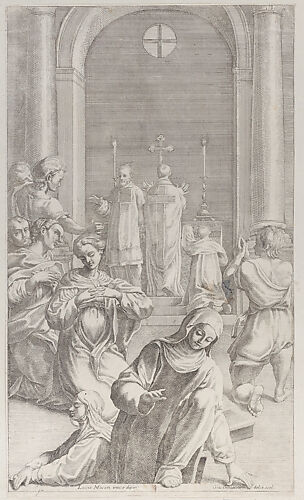 Two nuns emerging from a tomb while Saint Benedict celebrates the Mass