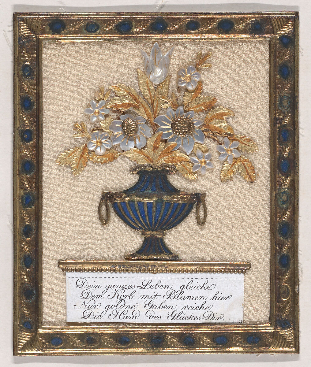 Greeting Card, Johannes Endletzberger (Austrian, 1782–1850), Gouache, metallic paint, metallic foil, embossed and punched paper, and carved and painted mother of pearl on silk 