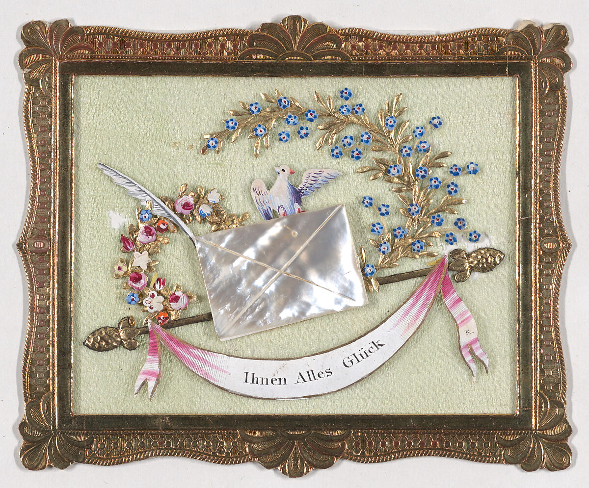 Greeting Card, Johannes Endletzberger (Austrian, 1782–1850), Gouache, metallic paint, metallic foil, embossed and punched paper, and carved and painted mother of pearl on silk 