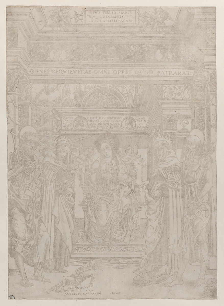 The Virgin and Child enthroned within an elaborate architectural structure, flanked by four saints, at left St John the Baptist and St Angelus, at right St  Albert and St Jerome, Giovanni Maria da Brescia (Italian, Brescia, active 1500–12), Engraving printed in pale brown ink 