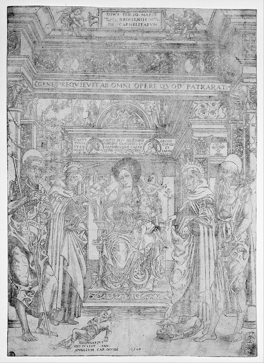 The Virgin and Child enthroned within an elaborate architectural structure, flanked by four saints, at left St John the Baptist and St Angelus, at right St  Albert and St Jerome, Giovanni Maria da Brescia (Italian, Brescia, active 1500–12), Engraving printed in pale brown ink