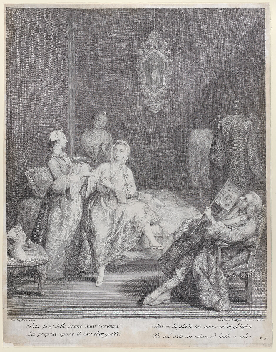 A woman getting out of bed in an elegant interior, with two servants about to help her get dressed, while her husband sits in an armchair at right, Charles Joseph Flipart (French, Paris 1721–1797 Madrid), Etching 