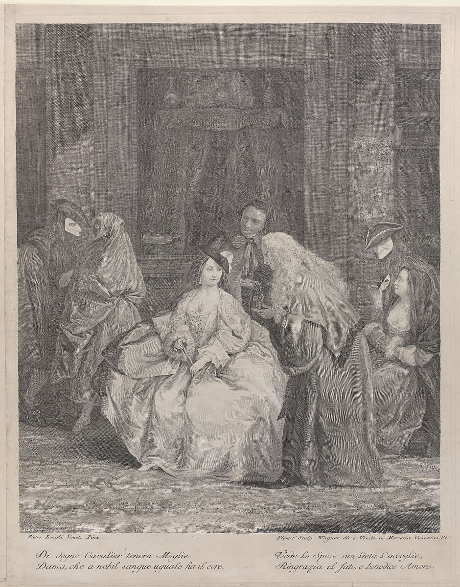 The Meeting, a man bows before a seated woman at center, while couples wearing masks converse in the background, Charles Joseph Flipart (French, Paris 1721–1797 Madrid), Etching 