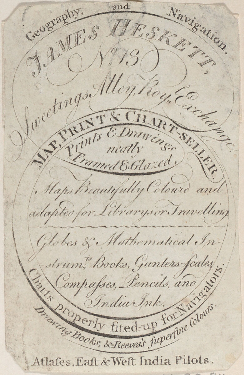 Trade Card for James Heskett, Map, Print, and Chart Seller, Anonymous, British, 19th century, Engraving 