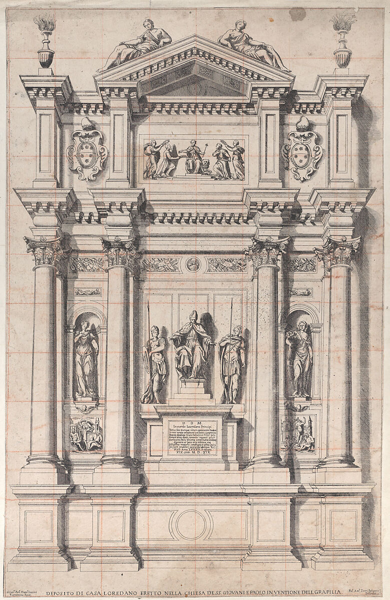 Design after the monument of Leonardo Loredano, Antonio Francesco Luccini (Italian, born Florence, 1605), Etching, squared in red chalk 
