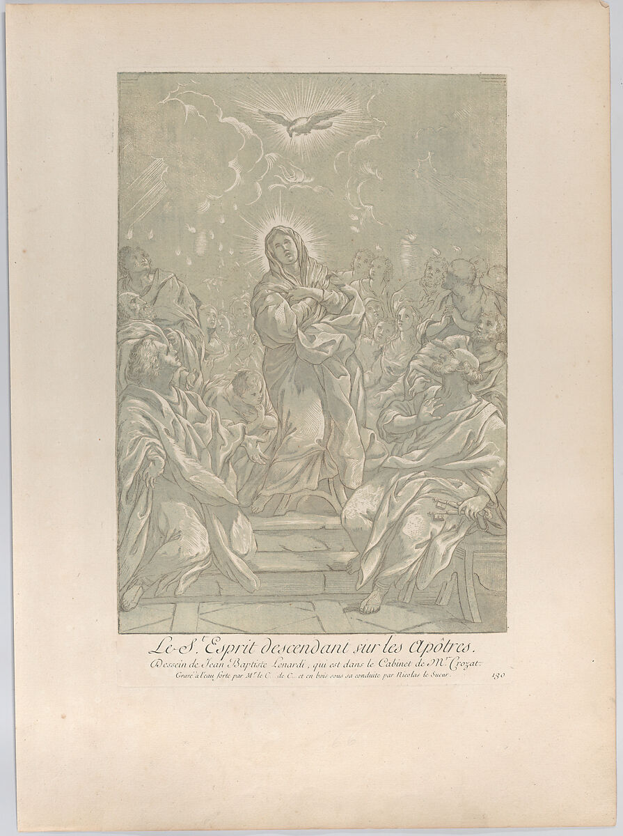 The Pentecost, with the Virgin standing at center, the Holy Spirit above, and Apostles on both sides, Anne Claude Philippe de Tubières, comte de Caylus (French, Paris 1692–1765 Paris), Etching and aquatint in green 