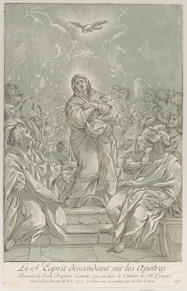 The Pentecost, with the Virgin standing at center, the Holy Spirit above, and Apostles on both sides, Anne Claude Philippe de Tubières, comte de Caylus (French, Paris 1692–1765 Paris), Etching and aquatint in green 