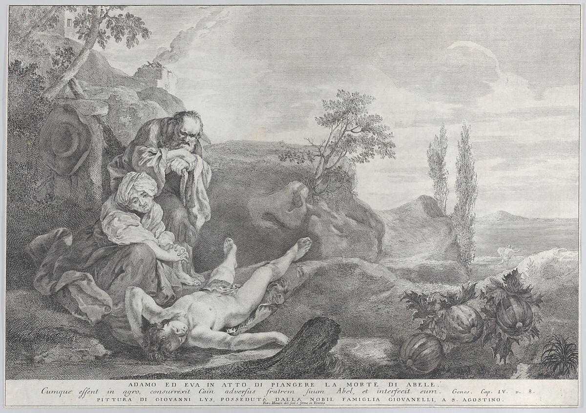 Adam and Eve at left, as an elderly couple, mourning over the corpse of Abel who lies in front of them as Cain disappears in the distance at right, Pietro Monaco (Italian, Belluno 1707–1772 Venice), Etching 