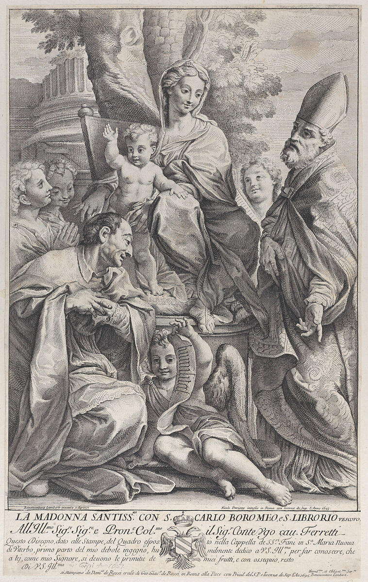 Virgin and Child with Saint Ciborius and Carlo Borromeo, Sir Nicolas Dorigny (French, baptized Paris, 1658–1746 Paris), Etching 