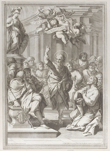 Saint Paul preaching at center, standing in a crowd in a columned interior, pointing upwards toward putti who hold a scroll