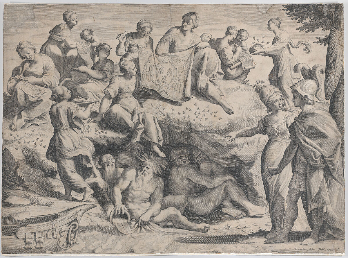 Allegory with Minerva at right, leading a young man towards Mount Parnassus, where the Muses sit, Johann Friedrich Greuter (German, active Rome, ca. 1590/93–1662), Engraving 