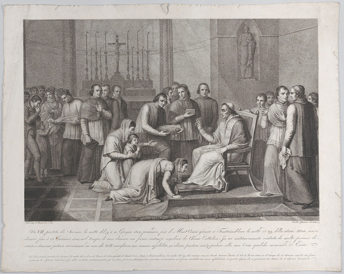 A woman kneels to kiss the foot of Pope Pius VII, with a crowd behind her at left, Carlo Lasinio (Italian, Treviso 1759–1838 Pisa), Stipple engraving 