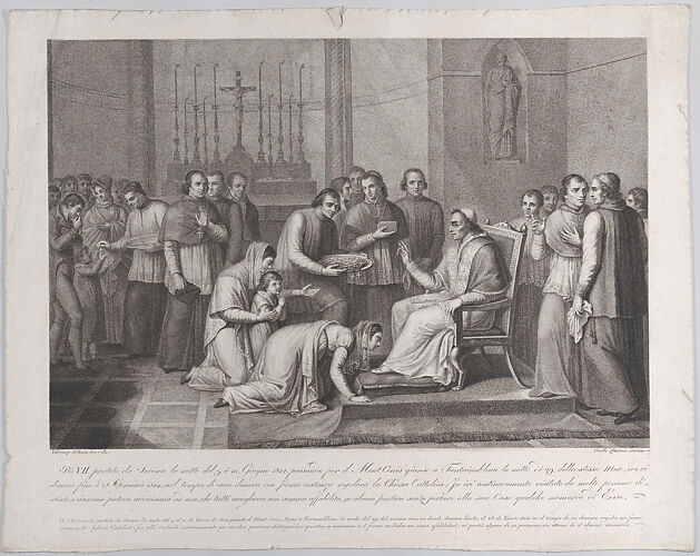 A woman kneels to kiss the foot of Pope Pius VII, with a crowd behind her at left