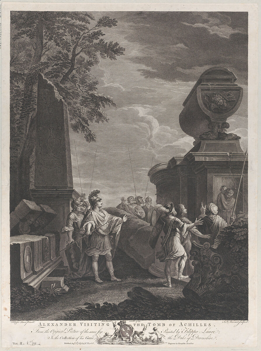 Alexander visiting the tomb of Achilles, Simon Francis Ravenet, the elder (French, Paris 1706–1774 London), Engraving 