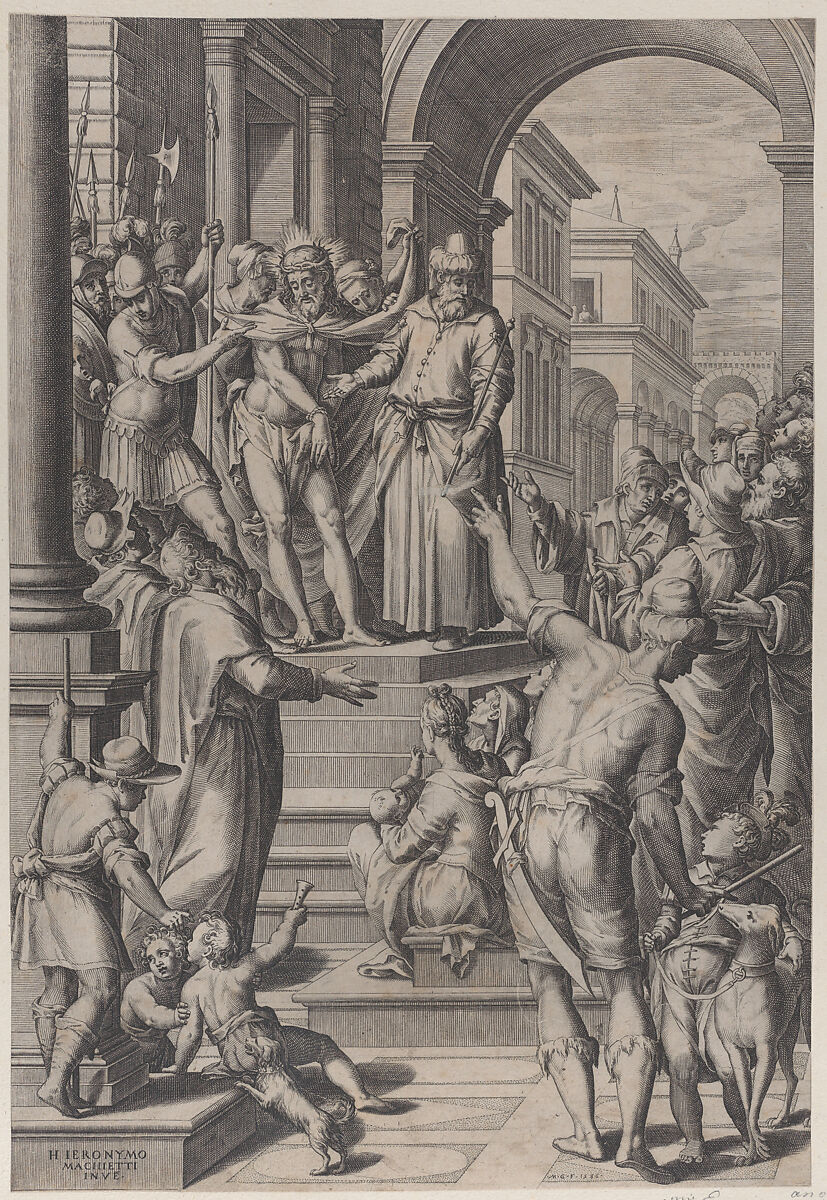 Christ presented to the people by Pilate, standing atop stairs at left with a crowd at right, Matthaeus Greuter (German, Strassburg ca. 1566–1638 Rome), Engraving 