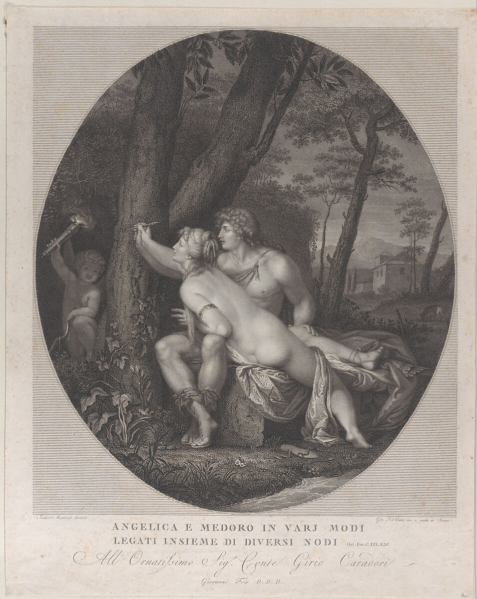 Angelica lying across the lap of Medoro and writes their names on a tree trunk, Giovanni Folo (Italian, Bassano 1764–1836 Rome), Engraving 