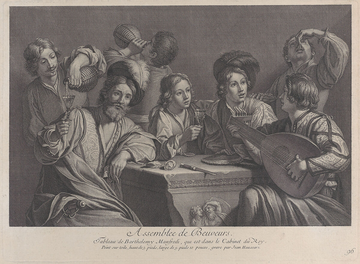 Seven men gathered around a table, drinking and listening to a lute player, Jean-Baptiste Haussard (French, Paris 1679 or 1680–1749 Paris), Etching and engraving 