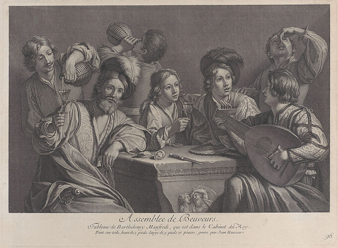 Seven men gathered around a table, drinking and listening to a lute player
