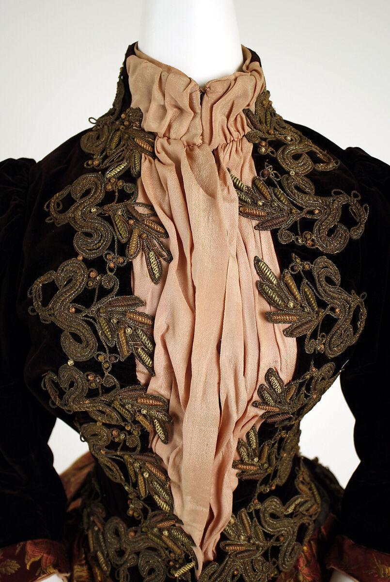 Walking dress, silk, metallic thread, probably American