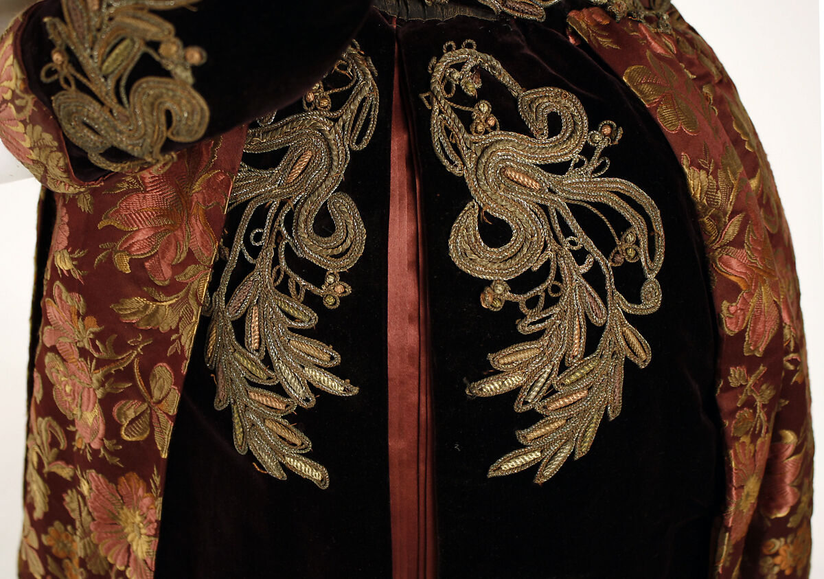 Walking dress, silk, metallic thread, probably American