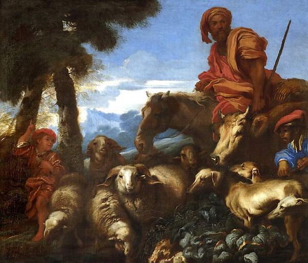 Roman Landscape with a Shepherd and Sheep, Giovanni Benedetto Castiglione (Il Grechetto) (Italian, Genoa 1609–1664 Mantua), Oil on copper