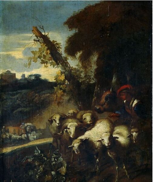 Roman Landscape with a Shepherd and Sheep, Giovanni Benedetto Castiglione (Il Grechetto) (Italian, Genoa 1609–1664 Mantua), Oil on copper