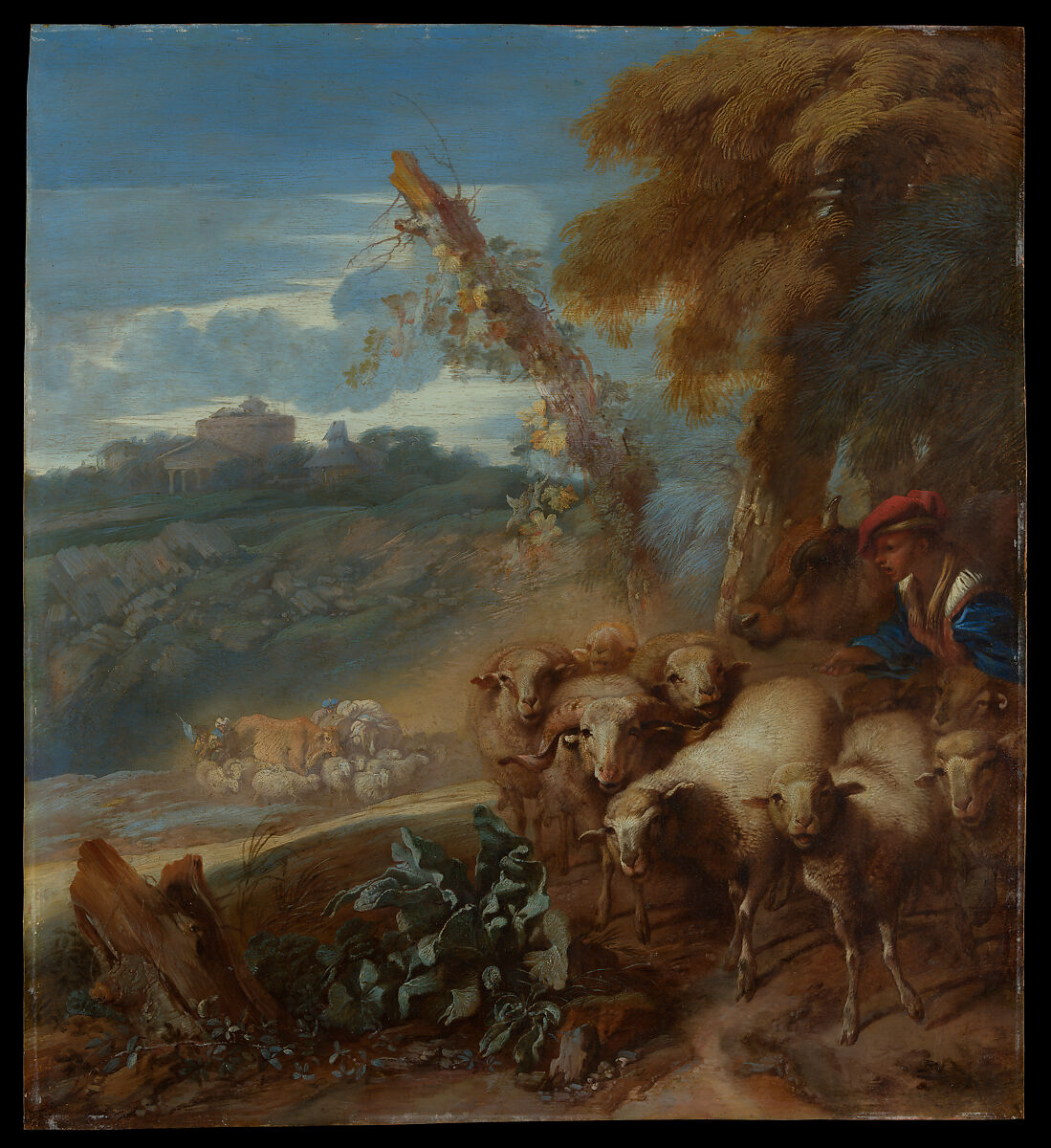 Roman Landscape with a Shepherd and Sheep, Giovanni Benedetto Castiglione (Il Grechetto) (Italian, Genoa 1609–1664 Mantua), Oil on copper 