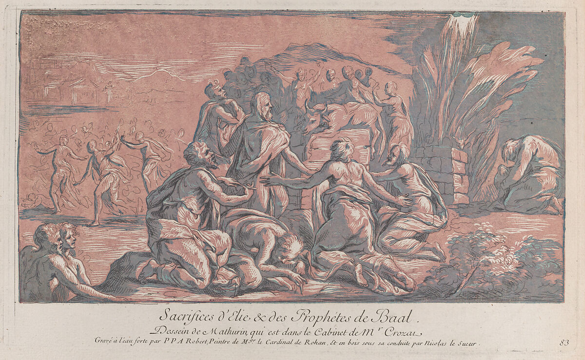 Elijah challenging the prophet to a sacrifice, Paul Ponce Antoine Robert-de-Seri (French, 1686–1733), Etching and aquatint in brown and blue 