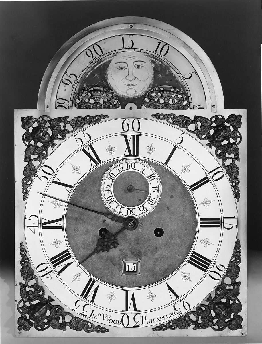 Tall Clock, John Wood Sr. (active ca. 1729–1760/1), Walnut, yellow poplar, white pine; brass, iron, glass, American