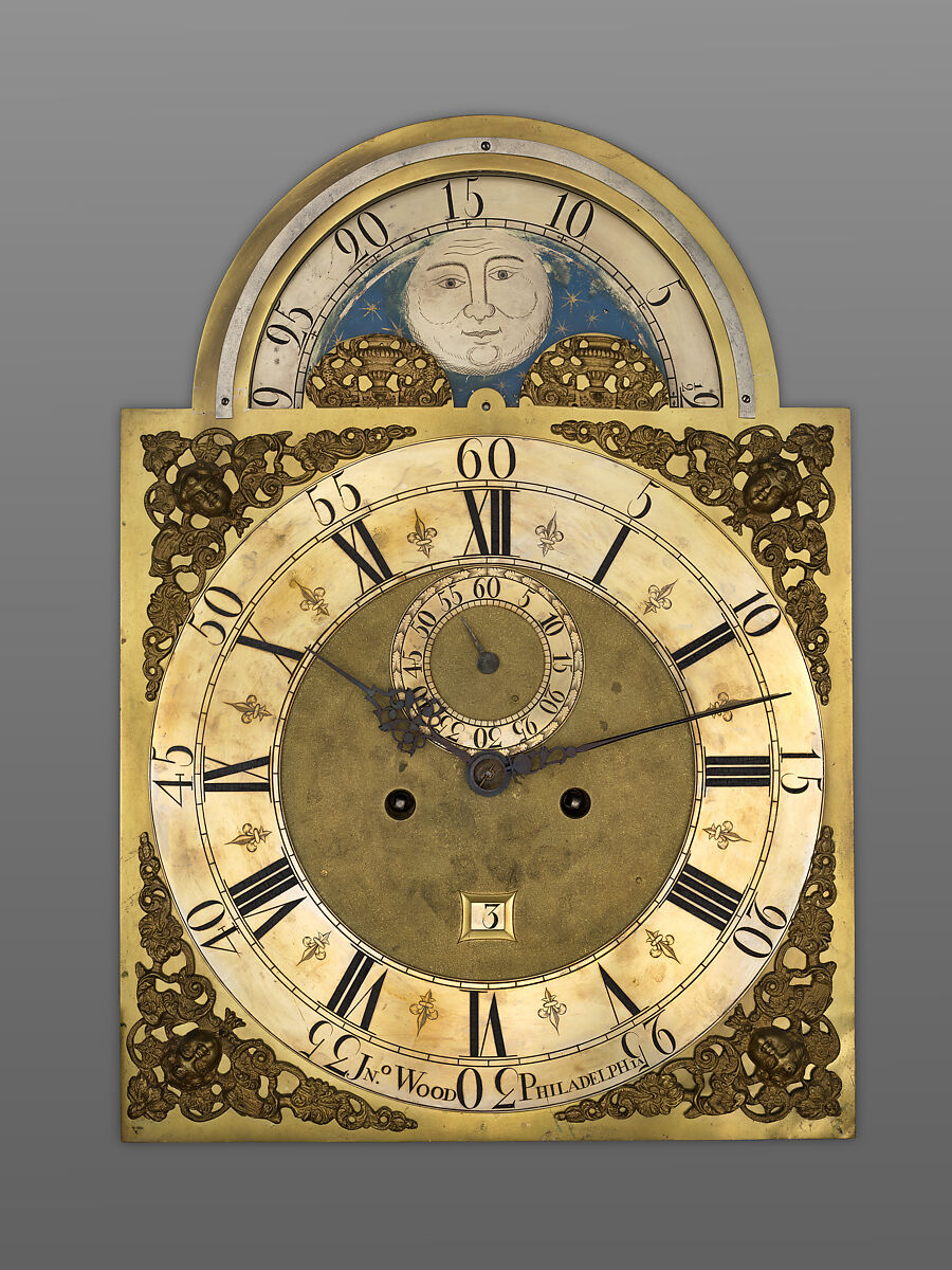 Tall Clock, John Wood Sr. (active ca. 1729–1760/1), Walnut, yellow poplar, white pine; brass, iron, glass, American