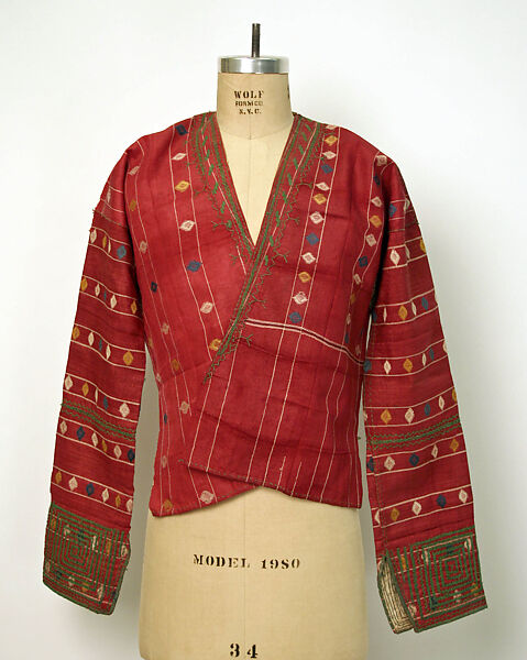 Ensemble, Linen, wool, cotton, metal wrapped thread; embroidered 
