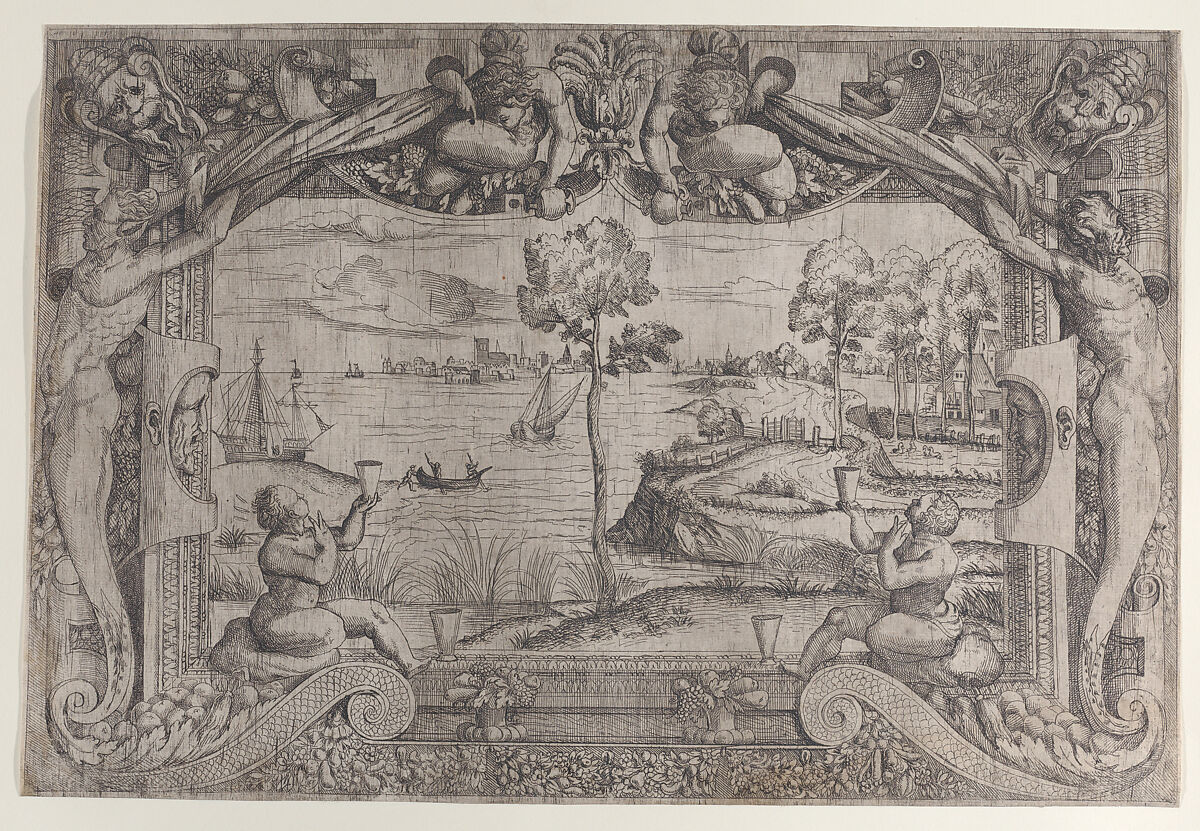 View of a Bay with a Central Tree in an Ornamental Frame, Master IQV (French, active 1540–50), Etching 