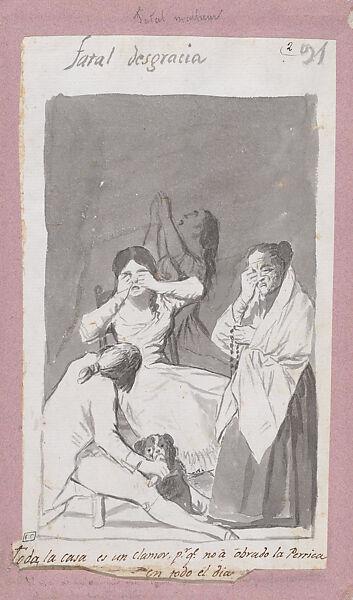 What a disaster. The whole house is in uproar because the poor little dog hasn’t done her duty all day (recto); Masquerading Asses (verso); (Double side drawing from Album B, fols 91 & 92), Goya (Francisco de Goya y Lucientes) (Spanish, Fuendetodos 1746–1828 Bordeaux), Brush and point of brush, carbon black washes, touches of pen and brown ink (verso), on laid paper 