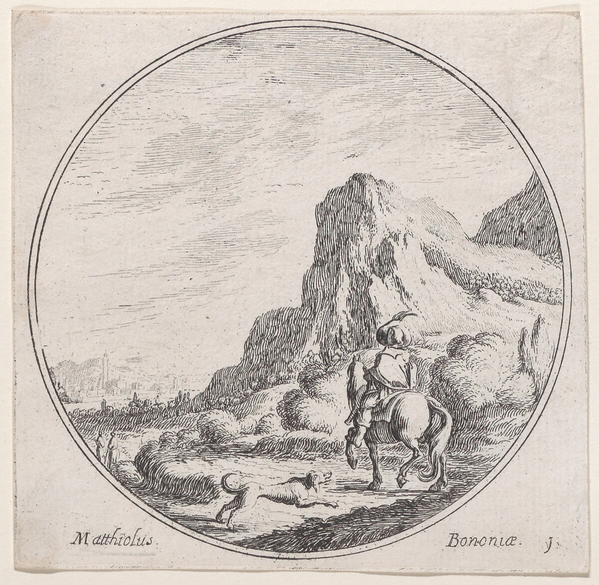 Plate 1: a horseman riding towards the left, followed by a dog, in a rocky landscape, Lodovico Mattioli (Italian, Crevalcore 1662–1747 Bologna), Etching 