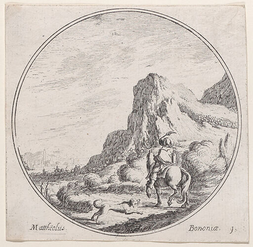 Plate 1: a horseman riding towards the left, followed by a dog, in a rocky landscape